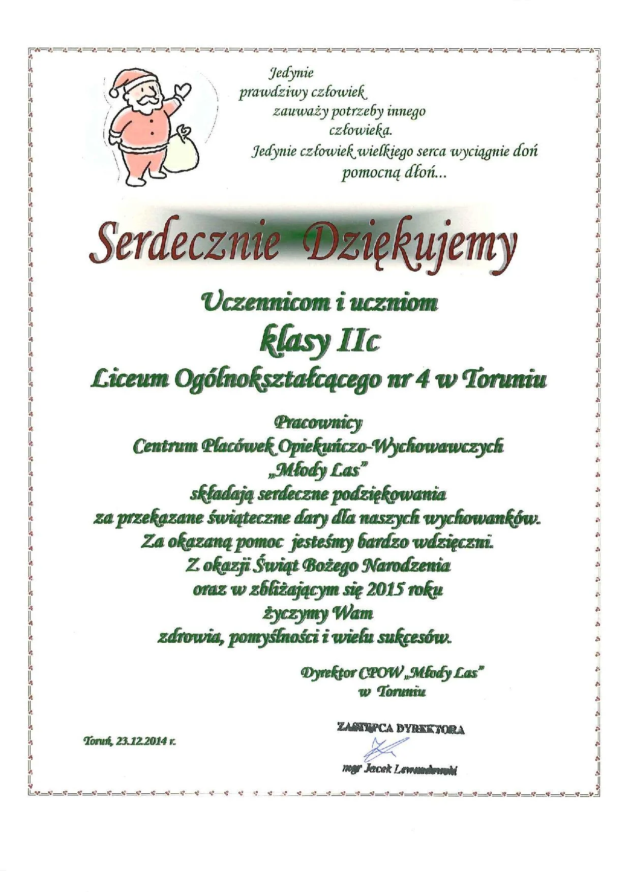 Podziękowanie za dobre serce naszych uczniów