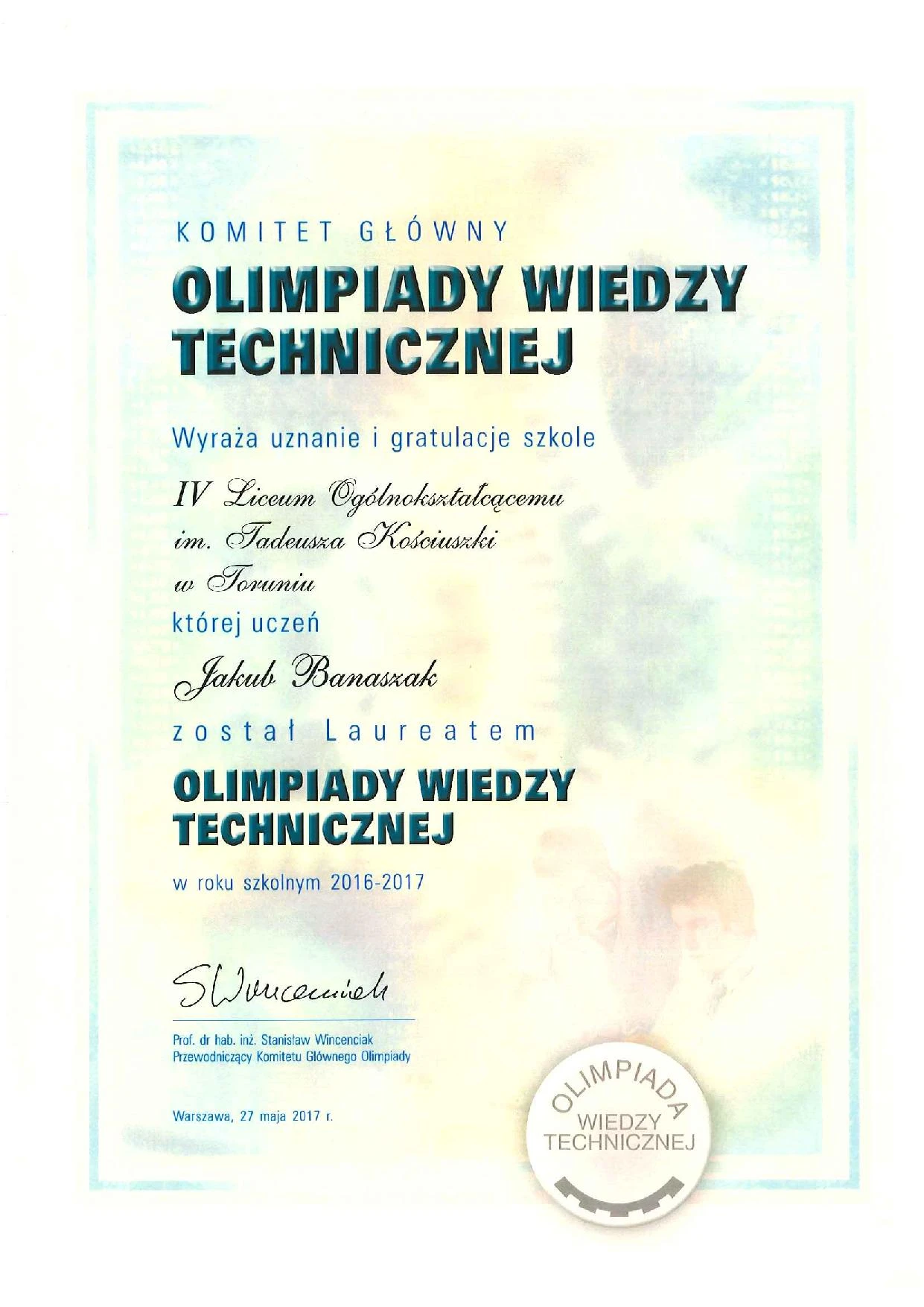 Gratulacje od Komitetu Głównego Olimpiady Wiedzy Technicznej